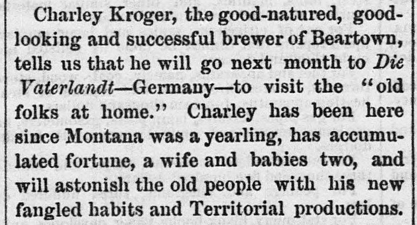 Kroger family visit to Germany in the September 12, 1874 issue of the New North-west (of Deer Lodge)