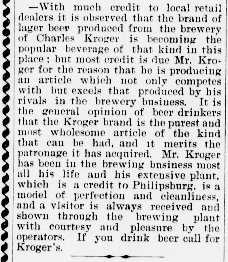 Kroger Brewery in the January 14, 1898 issue of the Philipsburg Mail